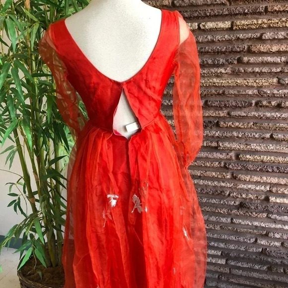 Vintage Handmade Ethnic Embroidered Sheer Chiffon Full Skirt Maxi Dress XXS - Picture 6 of 8